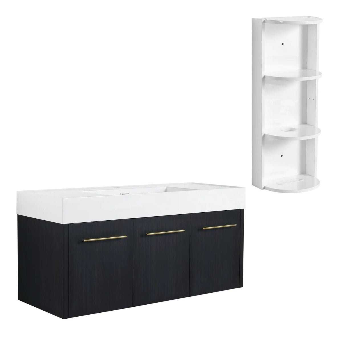 Modern Wall Mounted Bathroom Vanity With Thick Edge Resin Sink And Storage Rack | 3 Pieces | Stainless Steel & Plywood | Bathroom
