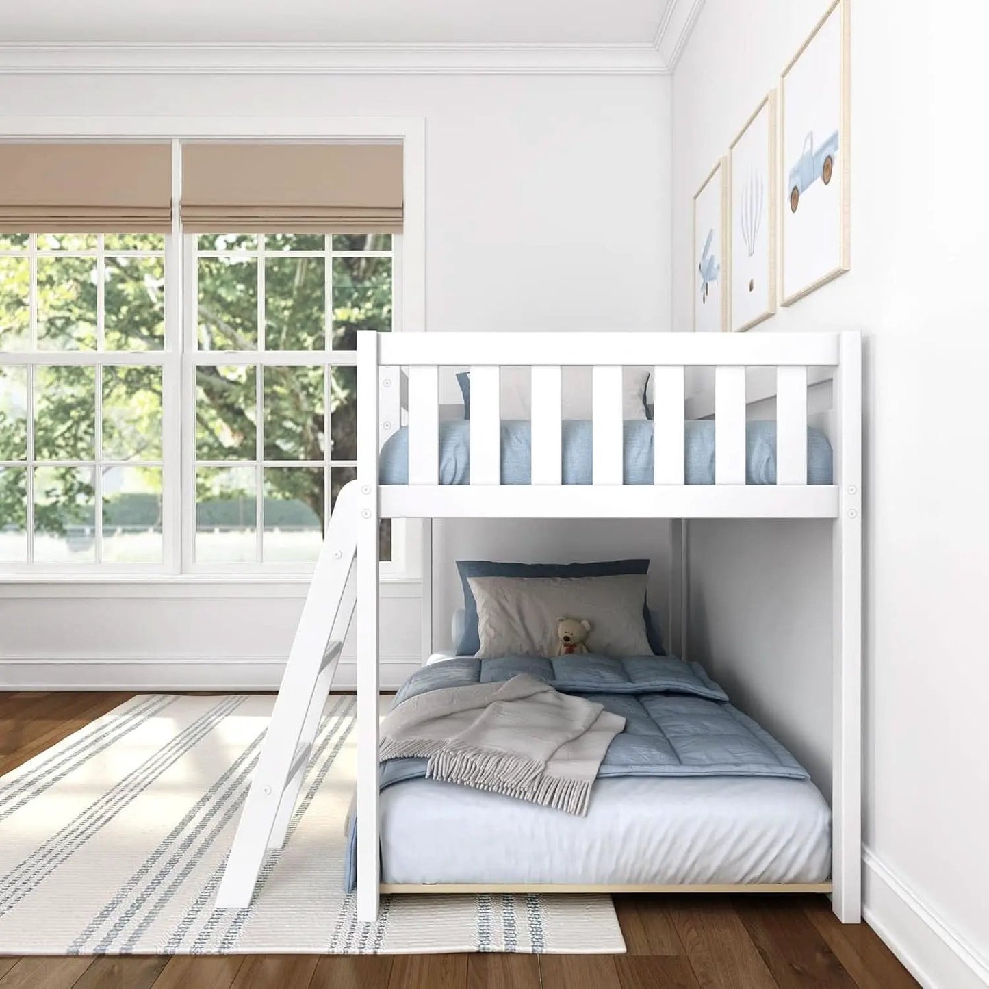 White Twin Low Bunk Bed Solid Wood Frame For Kids Safe from PriceLows™