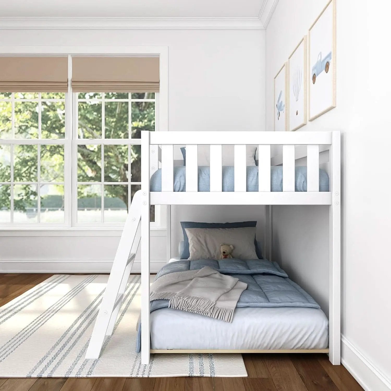 White Twin Low Bunk Bed Solid Wood Frame For Kids Safe from PriceLows™