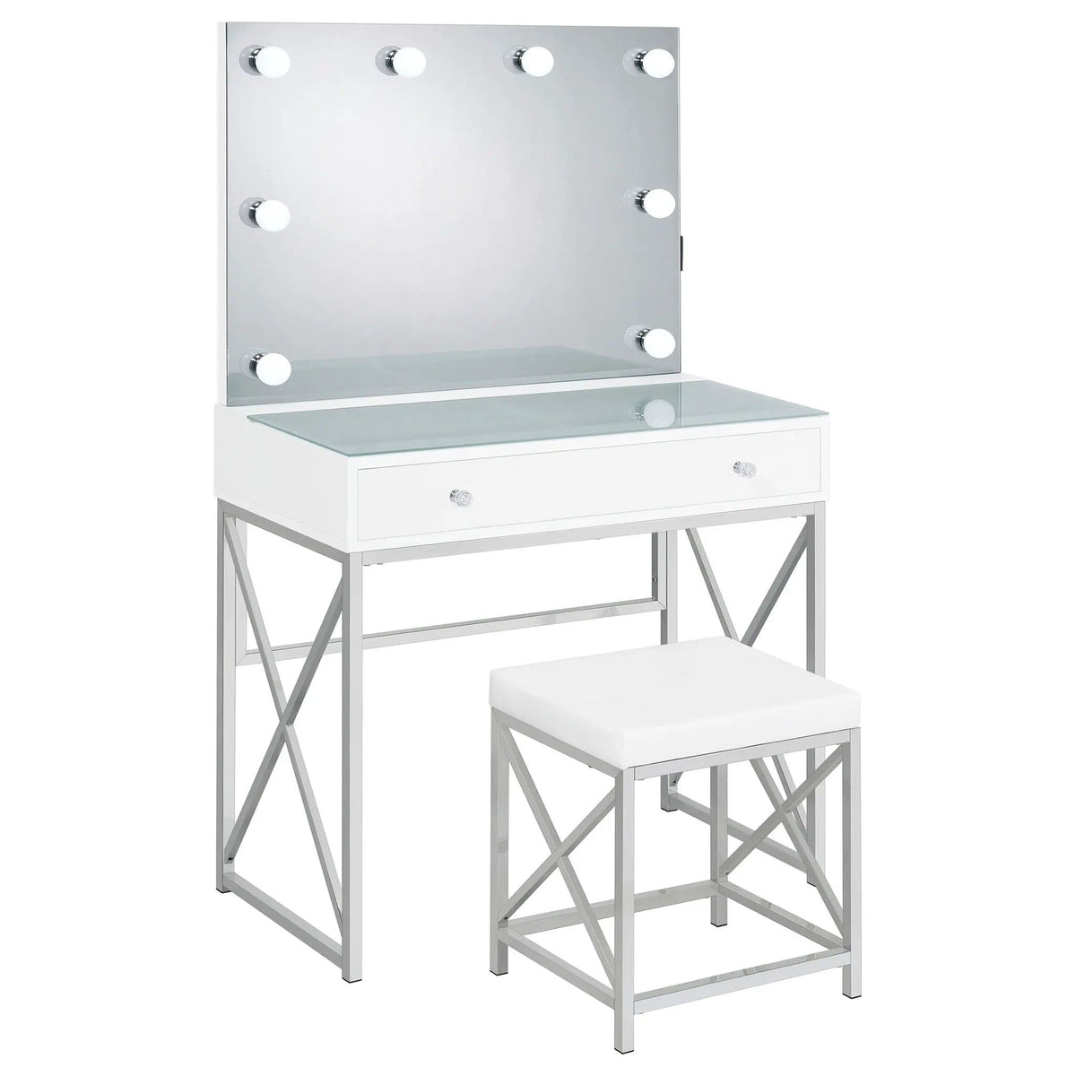 Eliza Vanity Set with Lighting & Stool White and Chrome | 31.75 x 16.5 x 53.25 in | Bathroom Furniture | Bathroom