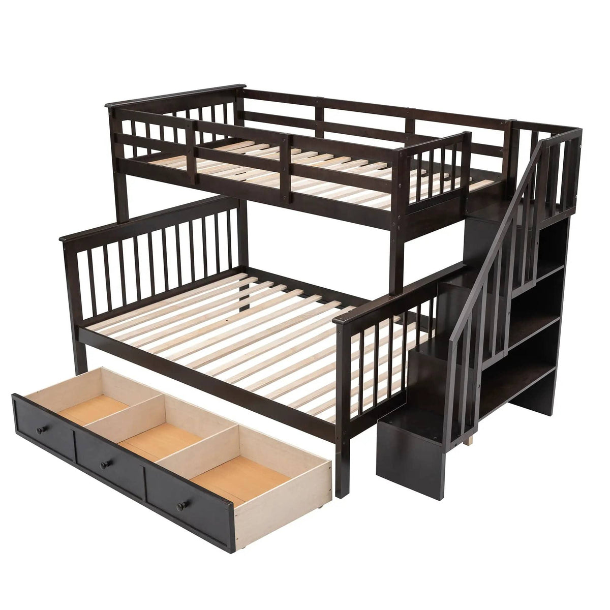 Stairway Bunk Bed With Storage And Guard Rail For Bedroom | 2 Pieces | Bedroom Furniture | Bedroom