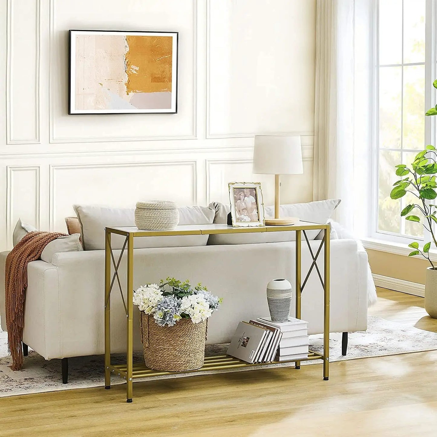 Gold And White Narrow Console Table With Shelves 41 Inch Long from PriceLows™
