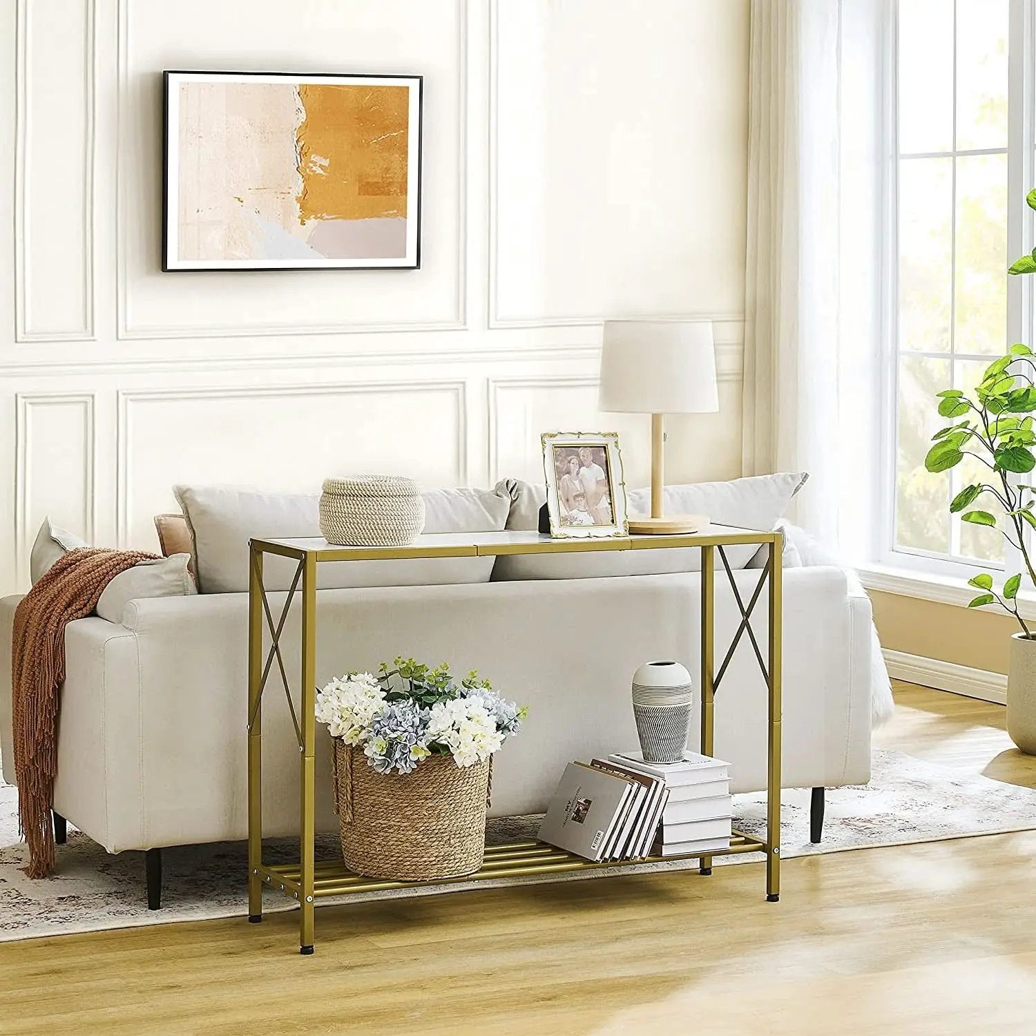Gold And White Narrow Console Table With Shelves 41 Inch Long from PriceLows™