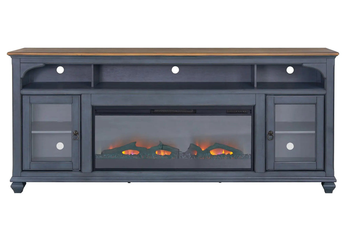 Fireplace TV Stand For TVs Up To 95" - | 86 x 18 x 34 in | Glass | Blue