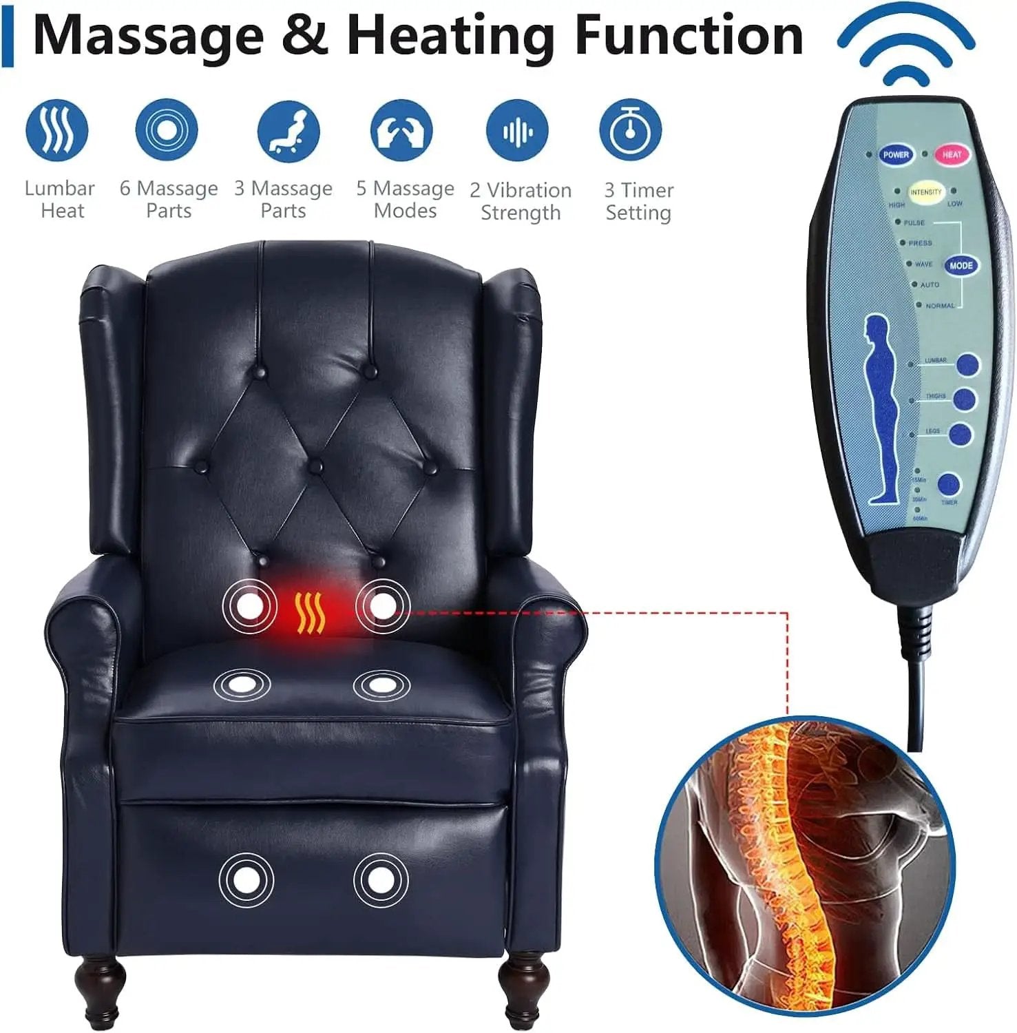 Wingback Recliner Chair Massage And Heat Tufted PU Leather from PriceLows™