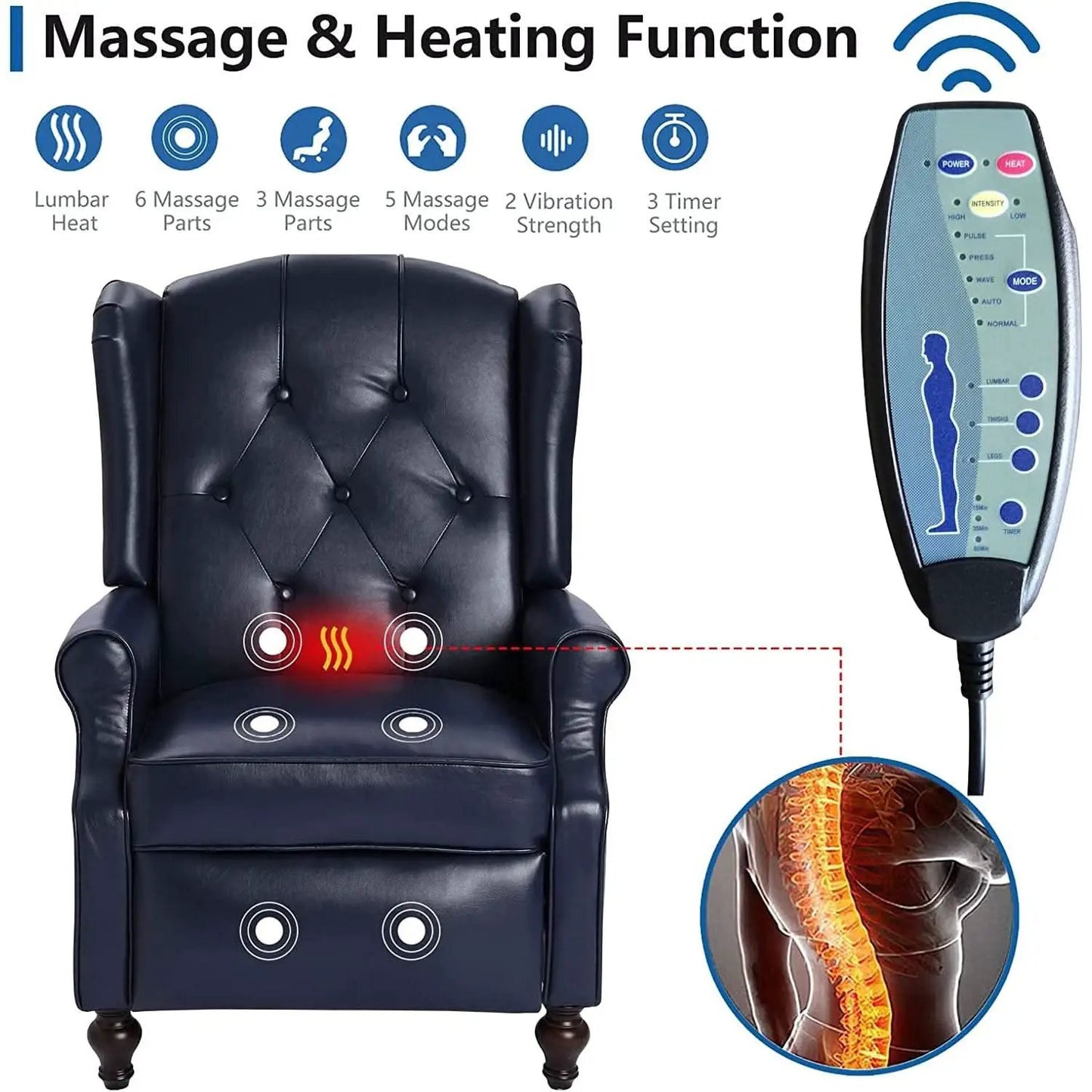 Wingback Recliner Chair With Massage Function PU Leather from PriceLows™
