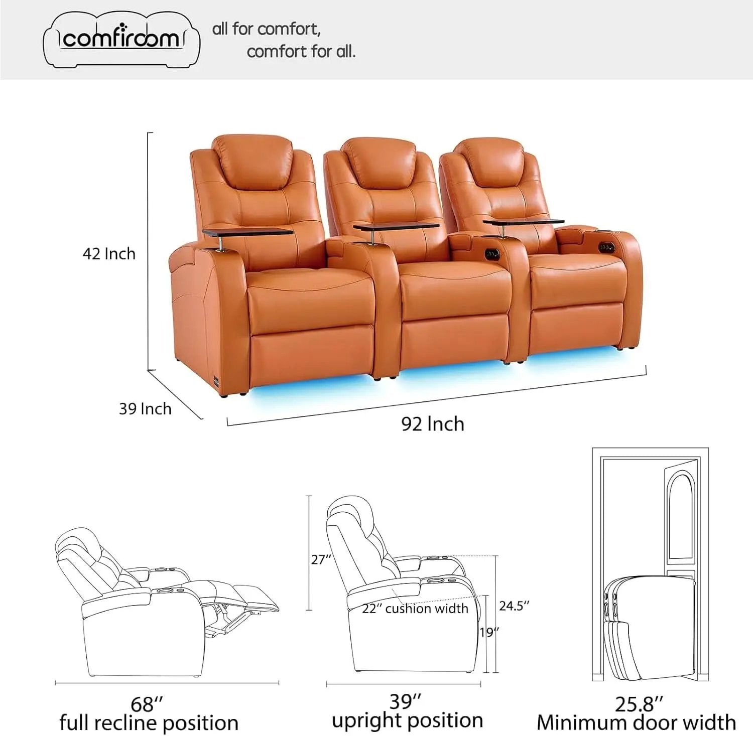 Orange Top Grain Leather Home Theater Seating Row Of Three USB Charger from PriceLows™