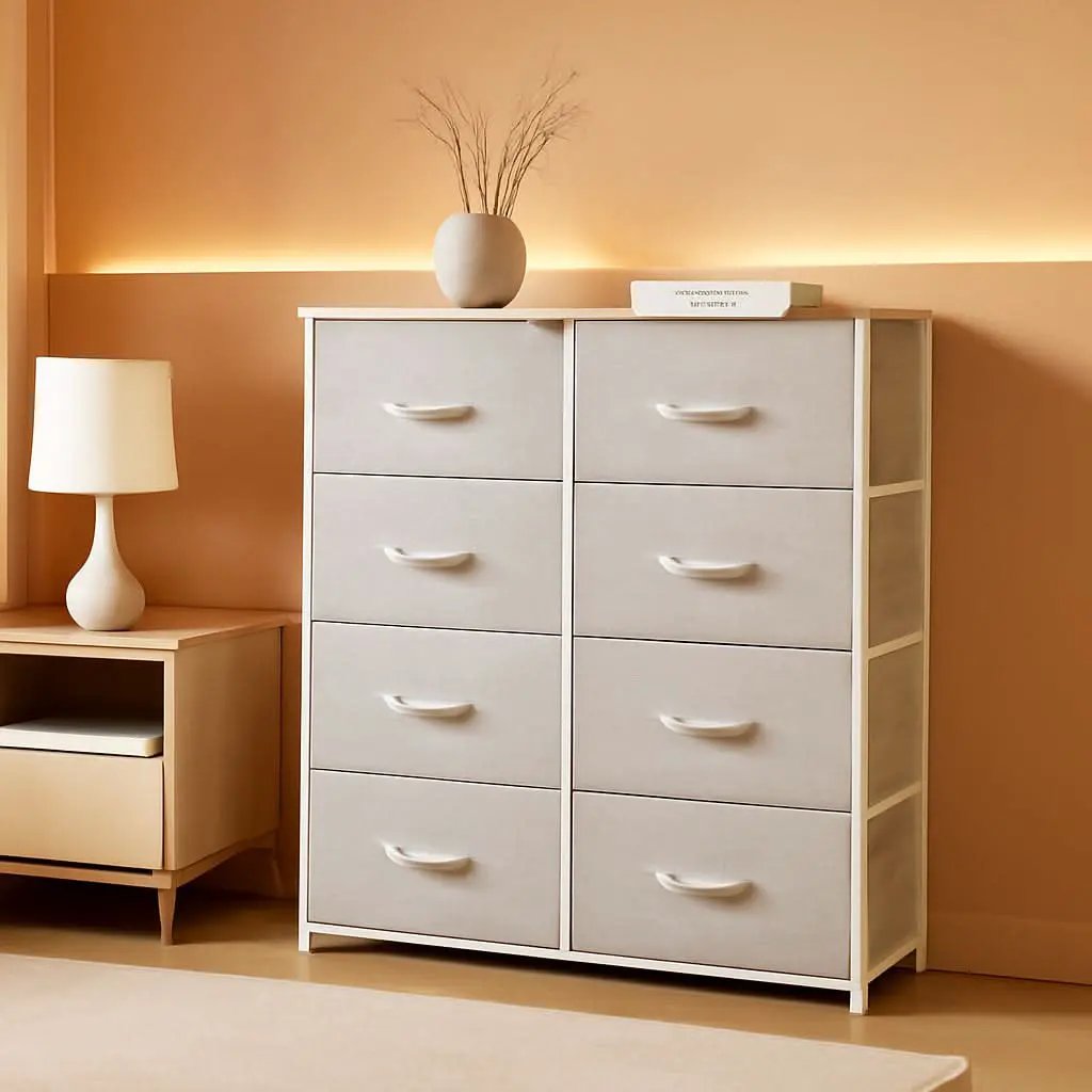 Bedroom Tall Linen Textured Fabric Dresser Drawers from PriceLows™