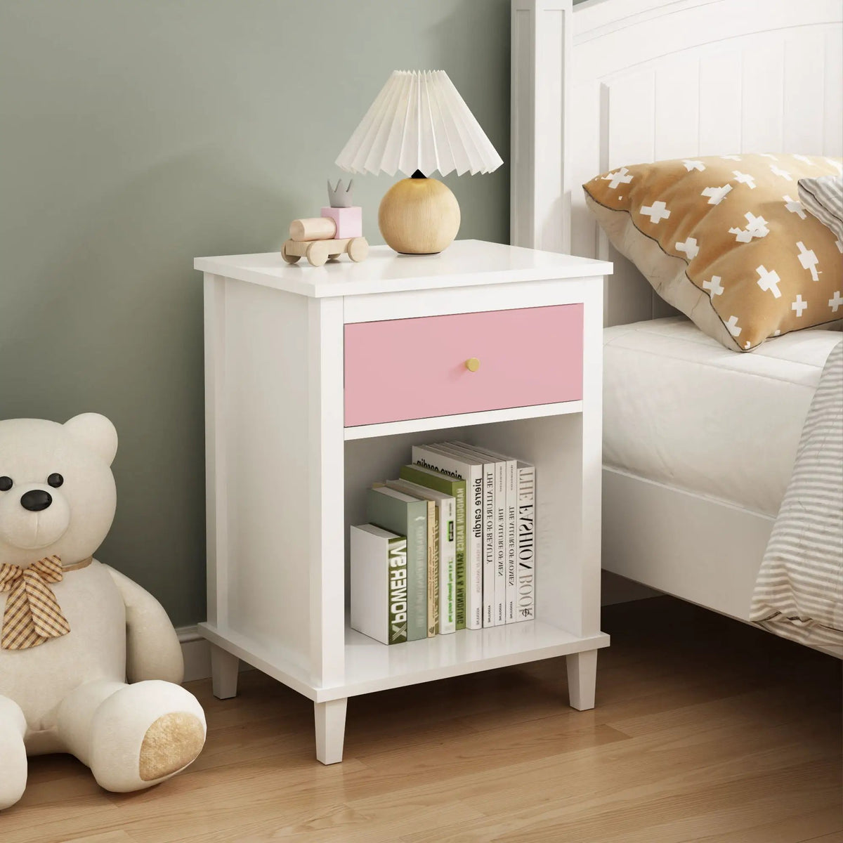 Nightstand With 1 Drawer And 1 Shelf | Aluminum Handles | Tip-Over Restraint | Child-Safe Design