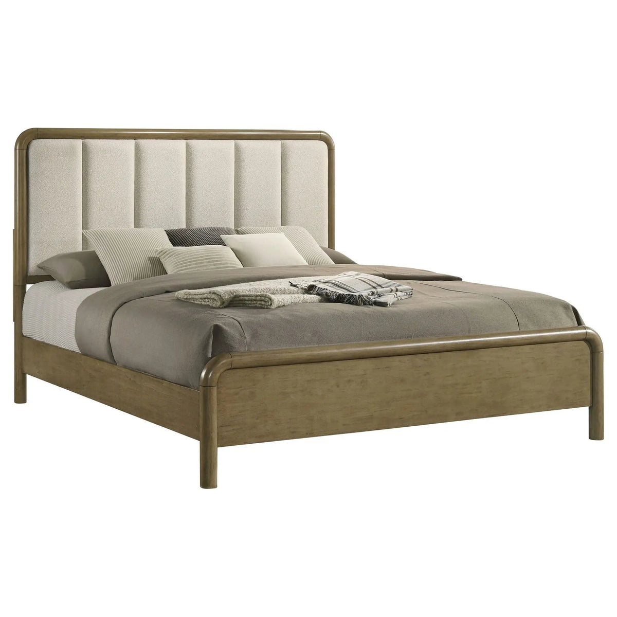 Amsbury 59-inch Upholstered Queen Bed Nutmeg | 64.25 x 86.5 x 58.5 in | Rubberwood & Boucle | Bedroom