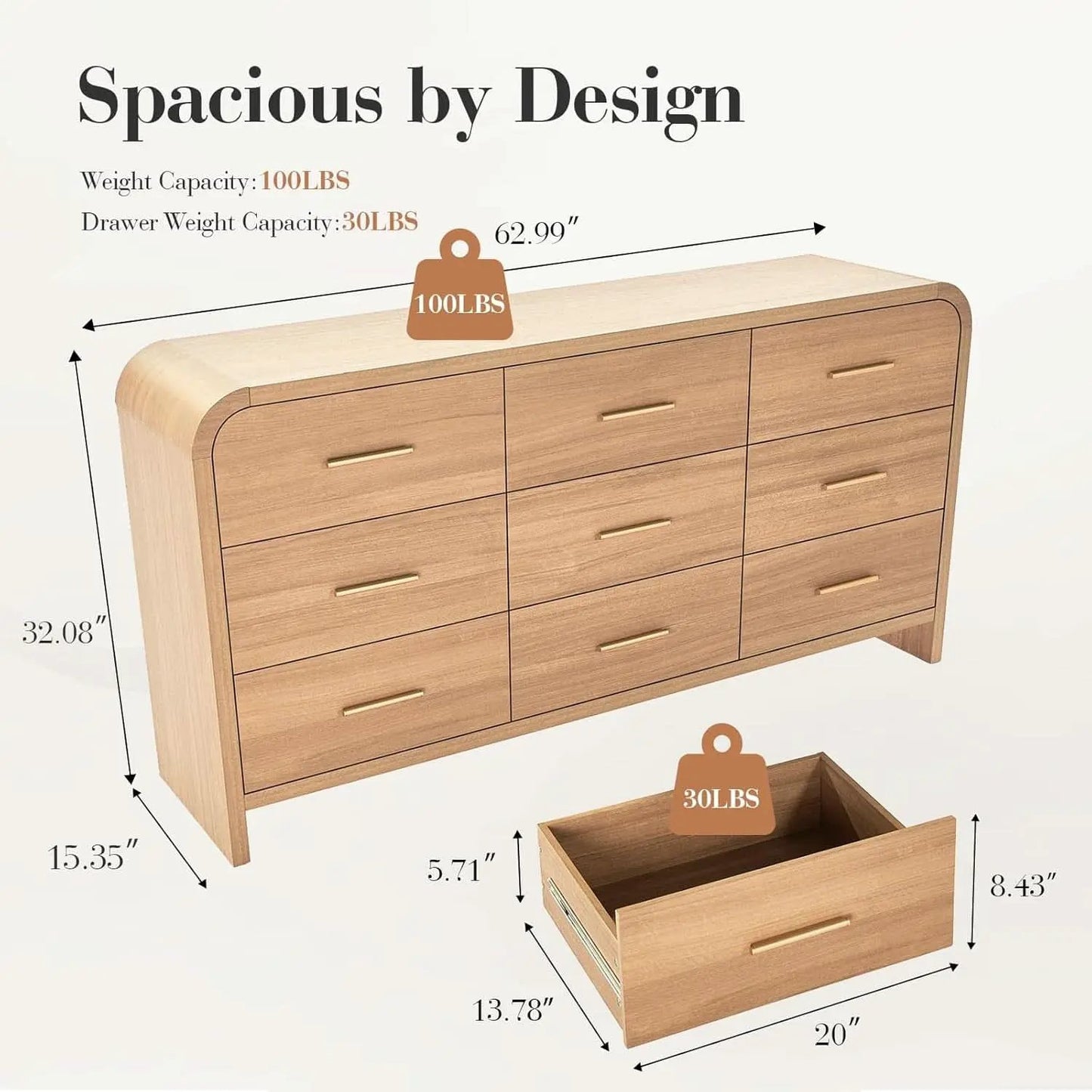SolidOak Curved Nine Drawer Dresser SixtyThreeInches from PriceLows™