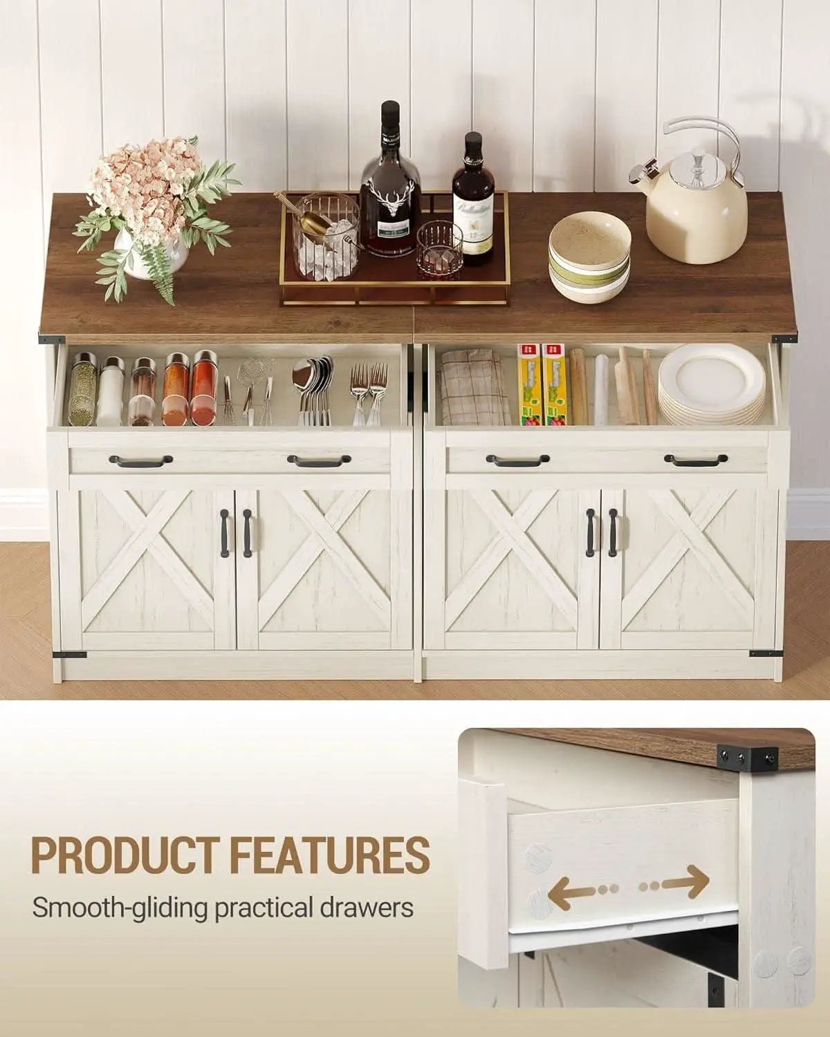 White Brown Farmhouse Buffet Cabinet Adjustable Shelves from PriceLows™