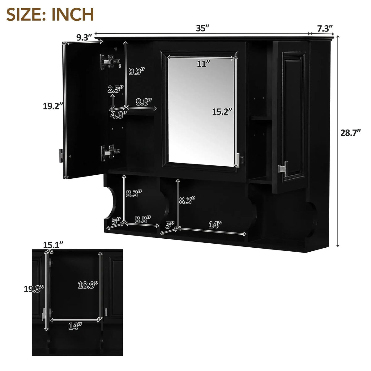 Wall Mounted Medicine Cabinet | Mirror | Open Shelves | 35 Inch Width