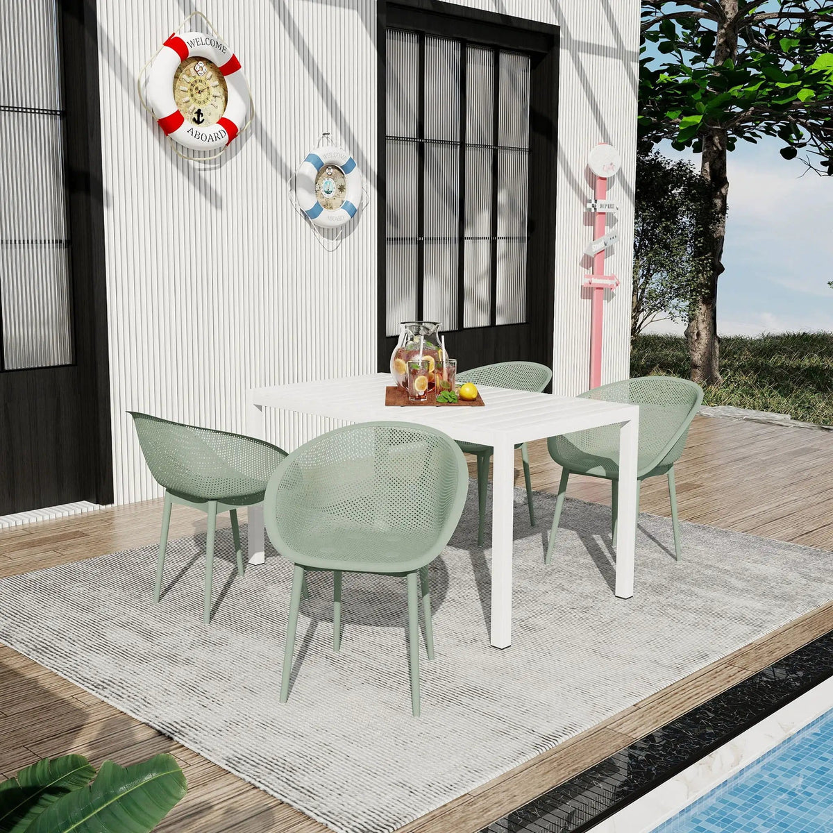 4 Pack Lounge Chair Set With Long Table | 5 Piece Outdoor Set | Metal | Dining Room