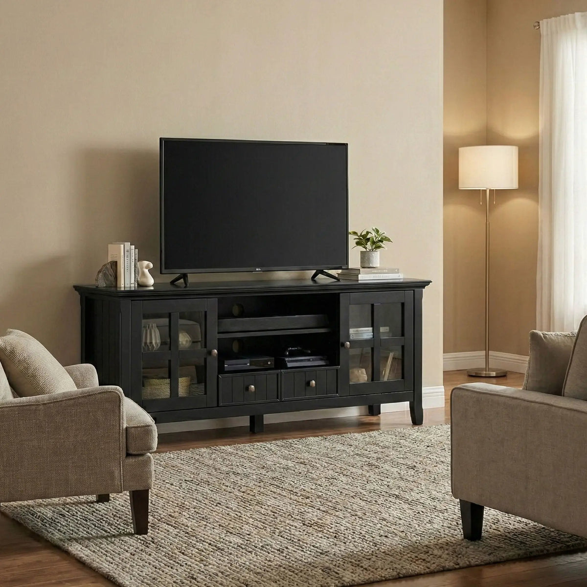 Acadian TV Media Stand | Handcrafted Solid Wood | 2 Bottom Drawers | Tempered Glass Side Cabinets