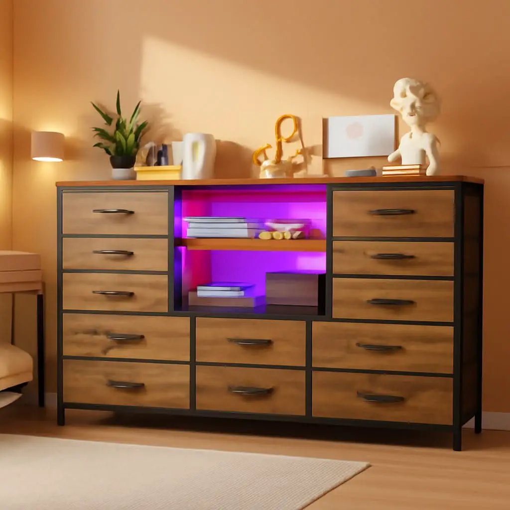 Dresser With LED Lights And Power Outlets 12 Fabric Drawers from PriceLows™
