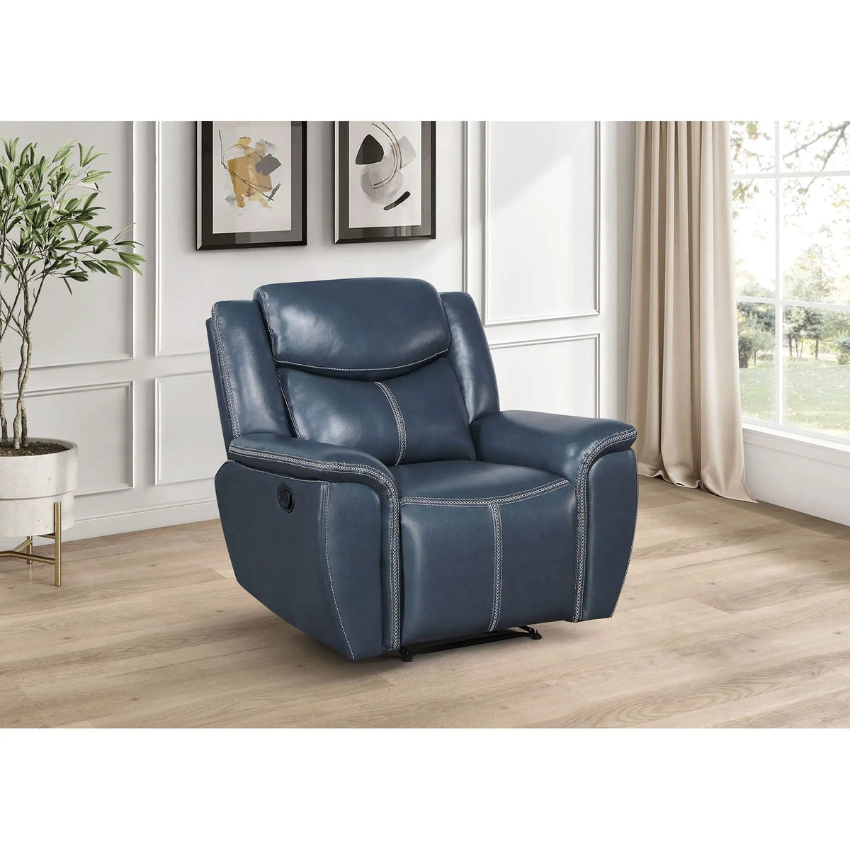 Brier Upholstered Padded Arm Recliner Chair With Manual Recline And Pillowtop Arms | 55 x 39.25 x 40.25 in | Faux Leather & Metal | Blue