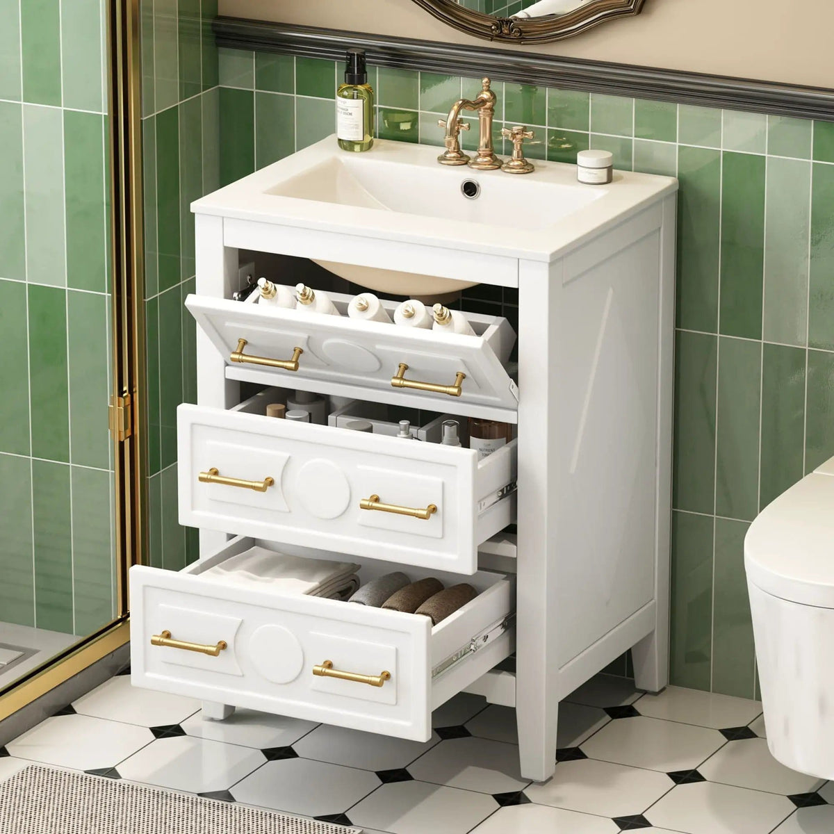 Bathroom Vanity With Sink, Free Standing Single Set, 3 Drawer Storage Cabinet | 2 Pieces | Solid Wood & Ceramic | Bathroom