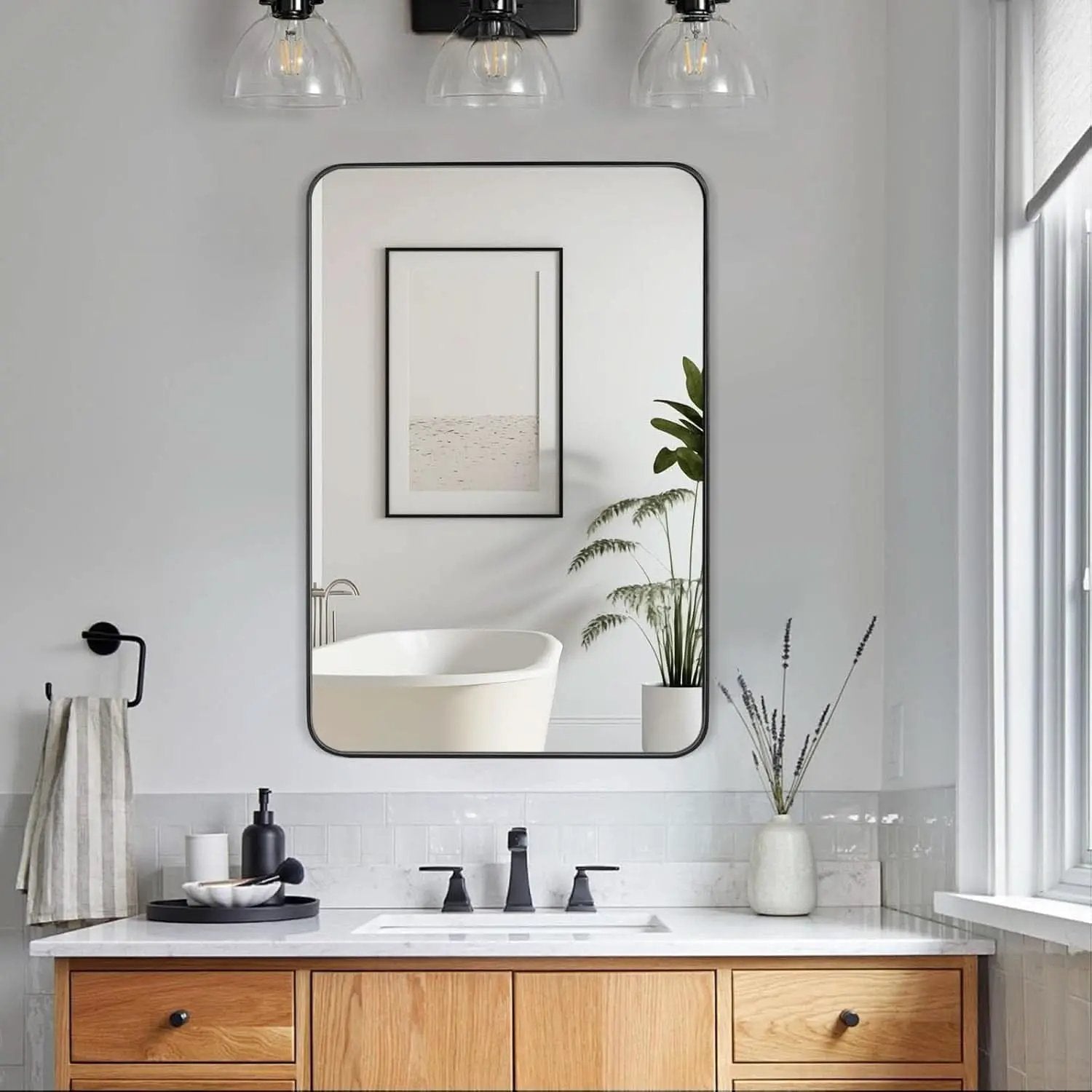 24x36 Inch Black Rounded Rectangle Bathroom Mirror With Anti Rust Stainless Steel Frame from PriceLows™