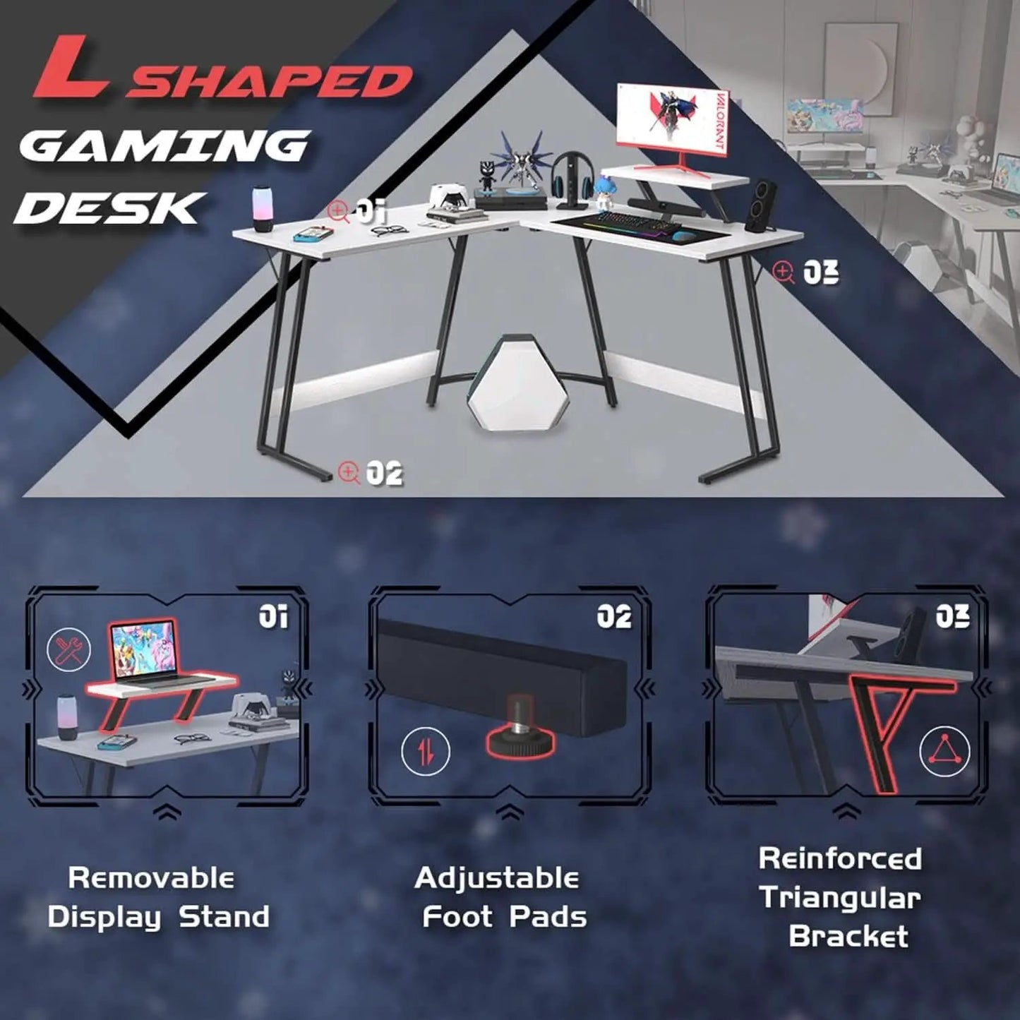L Shaped Gaming Desk 51 Inch Monitor Riser Classical White from PriceLows™