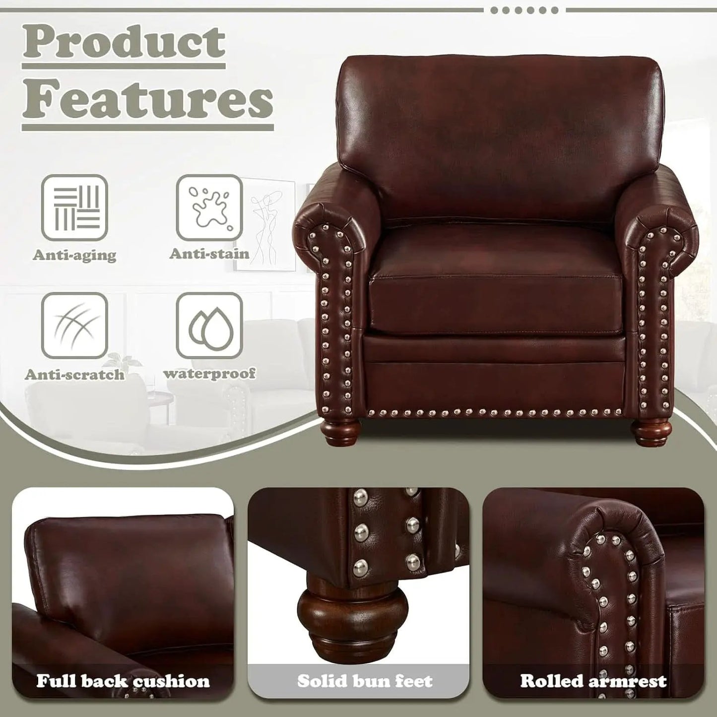 Two Piece Upholstered PU Leather Sofa Set With Hidden Storage Red Brown Mid Century Modern Living Room Furniture from PriceLows™