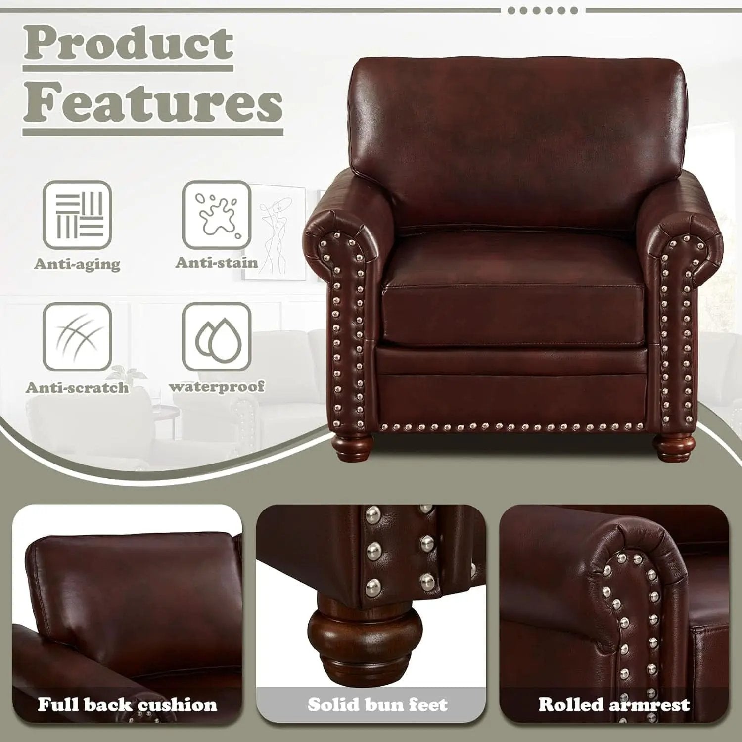 Two Piece Upholstered PU Leather Sofa Set With Hidden Storage Red Brown Mid Century Modern Living Room Furniture from PriceLows™