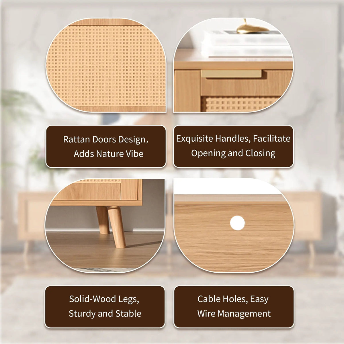 Rattan TV Stand | Media Console | Two Cabinets And Two Open Shelves | Cable Management