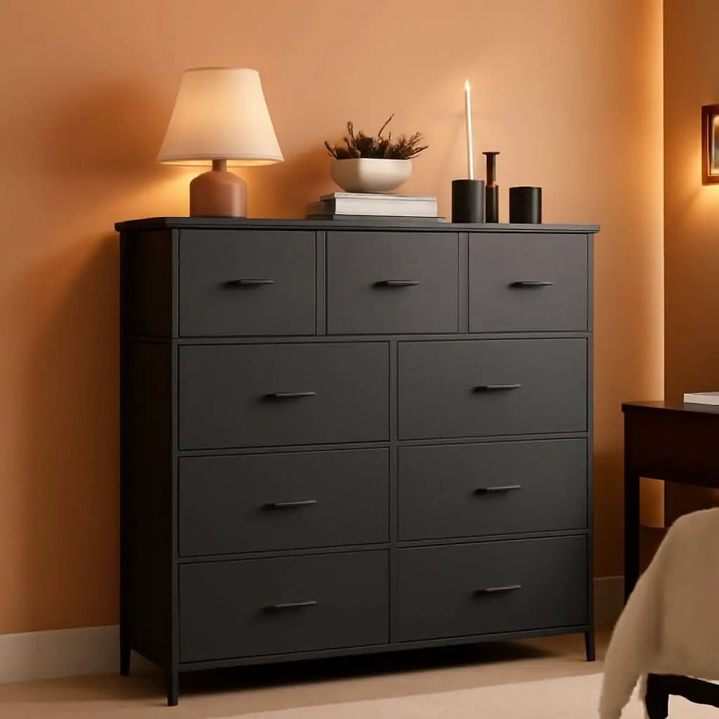 9 Drawer Black Dresser With Integrated Organization from PriceLows™