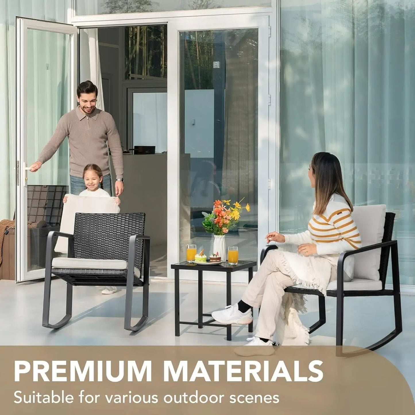 Beige 3 Piece Rocking Patio Bistro Set With Tempered Glass Coffee Table For Outdoor Furniture from PriceLows™
