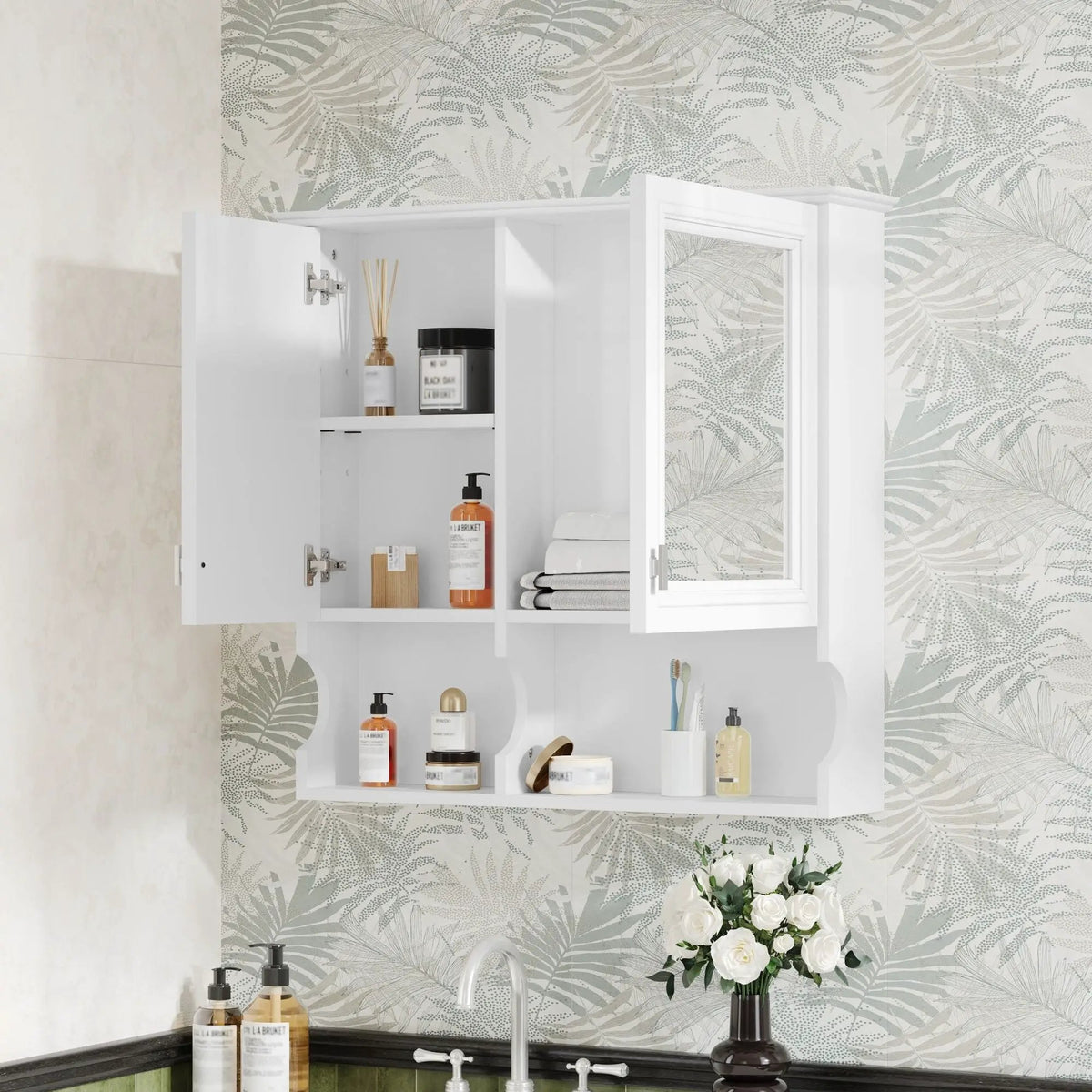 Wall Mounted Mirror Medicine Cabinet | 30 Inch Width | Doors And Open Shelves | Adjustable Shelf
