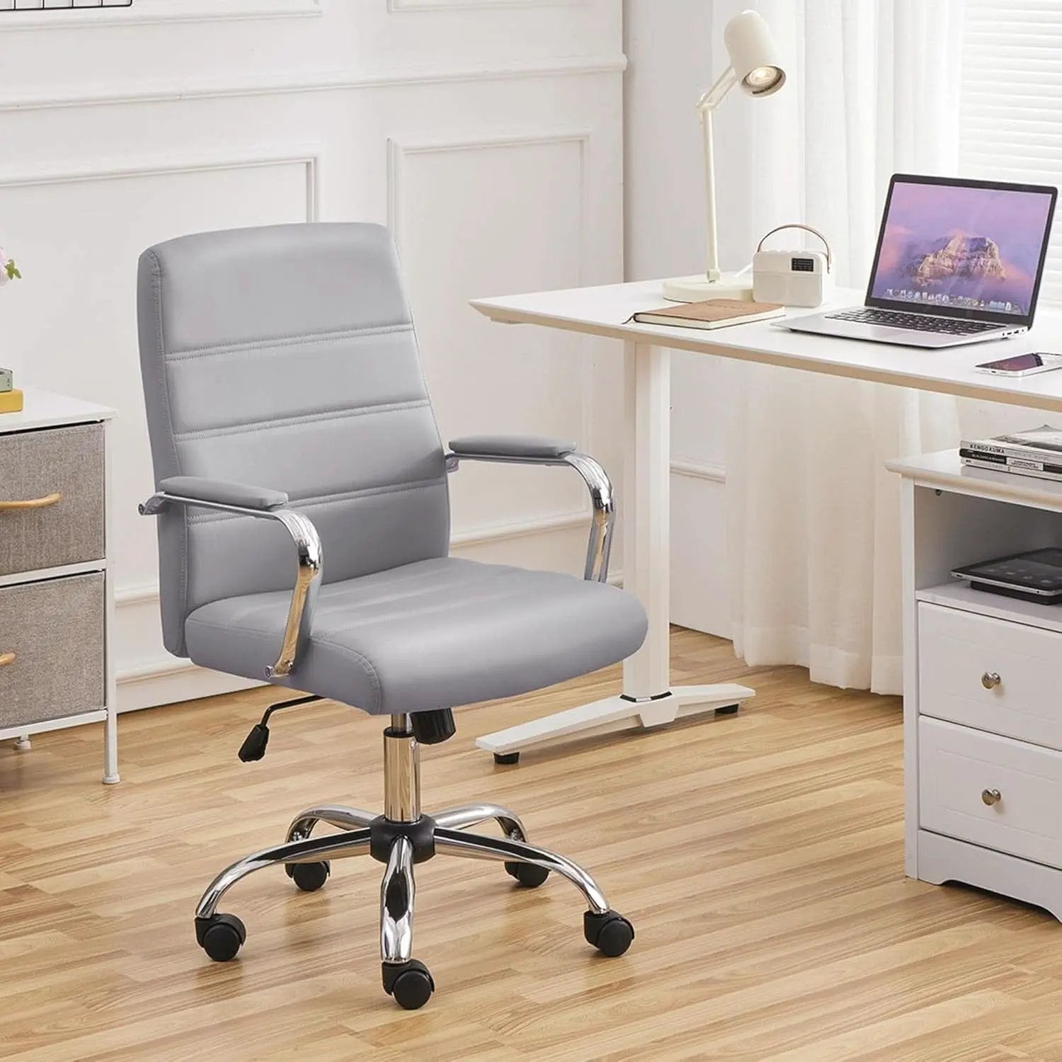 Mid Back Office Chair With Arms Gray Height Adjustable from PriceLows™