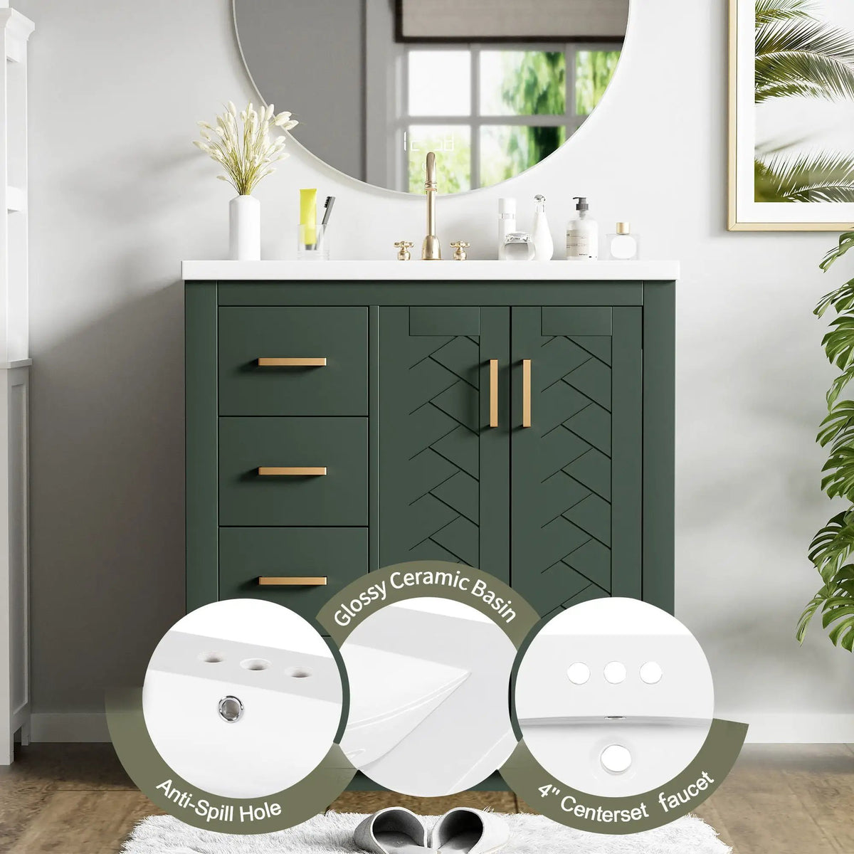 30 Inch Bathroom Vanity | 3 Drawers Soft Close | Solid Wood Ceramic Combo
