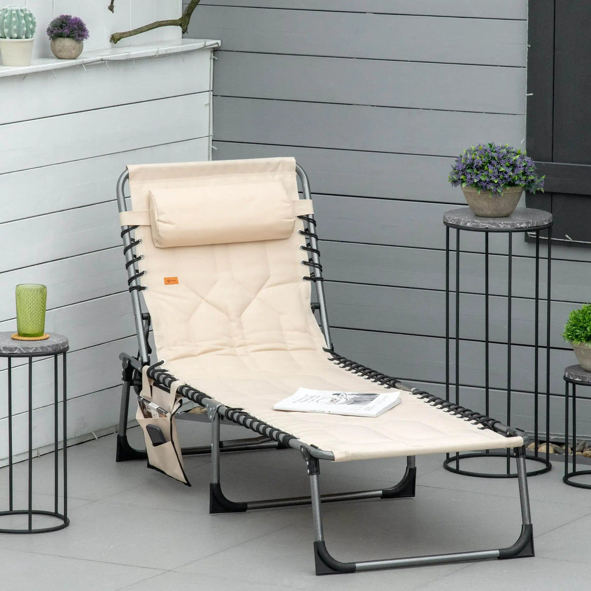 Outsunny Padded Folding Chaise Lounge Chair, Outdoor 6-Level Reclining Camping | 74 x 22.5 x 11.75 in | Steel & Cotton | Beige