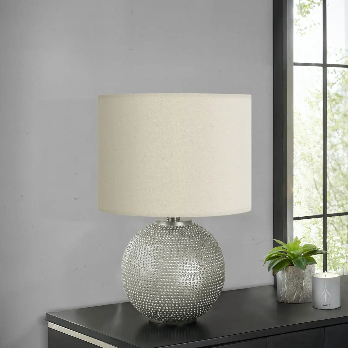 Gray Resin Table Lamp | Ivory Fabric Shade | 18.5 Inch Height | Compact Size