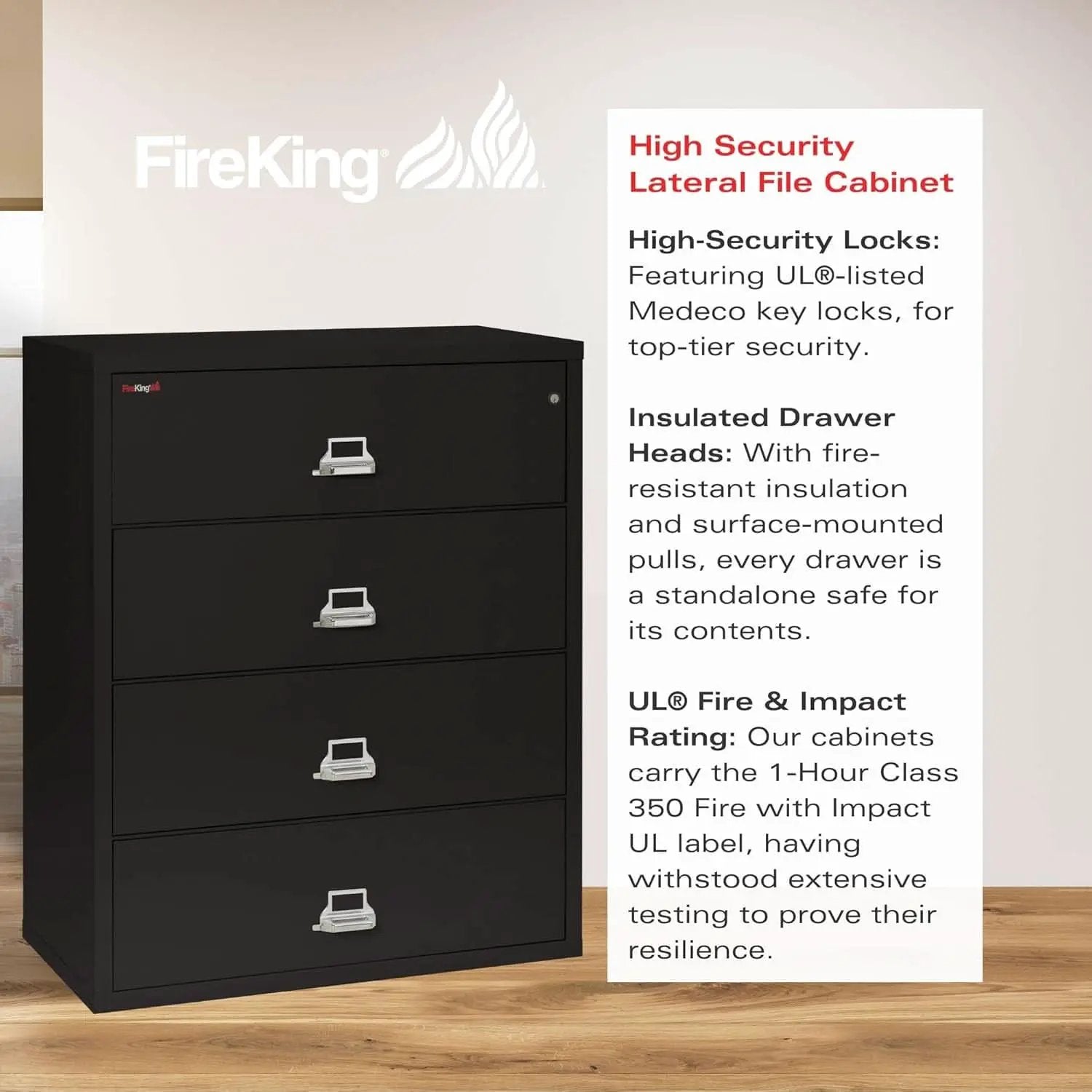 Lateral 4 Drawer Fire Safe File Cabinet With Key Lock Black from PriceLows™