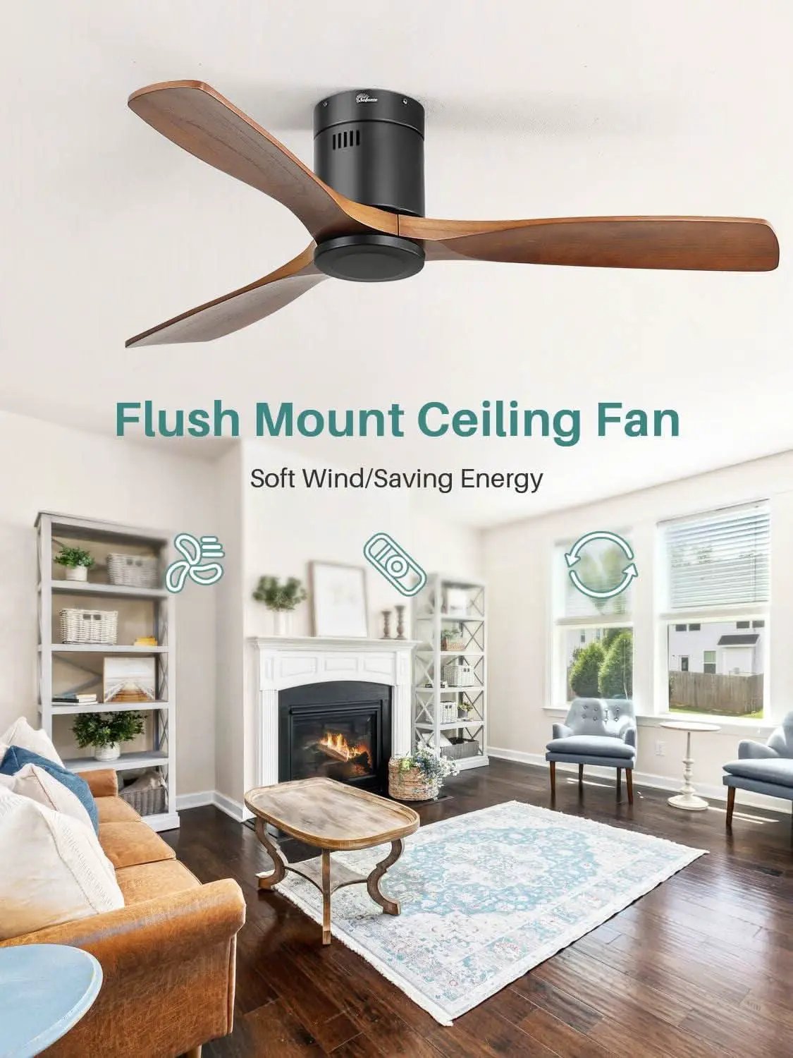 52 Inch Solid Wood Flush Mount Ceiling Fan With Remote from PriceLows™