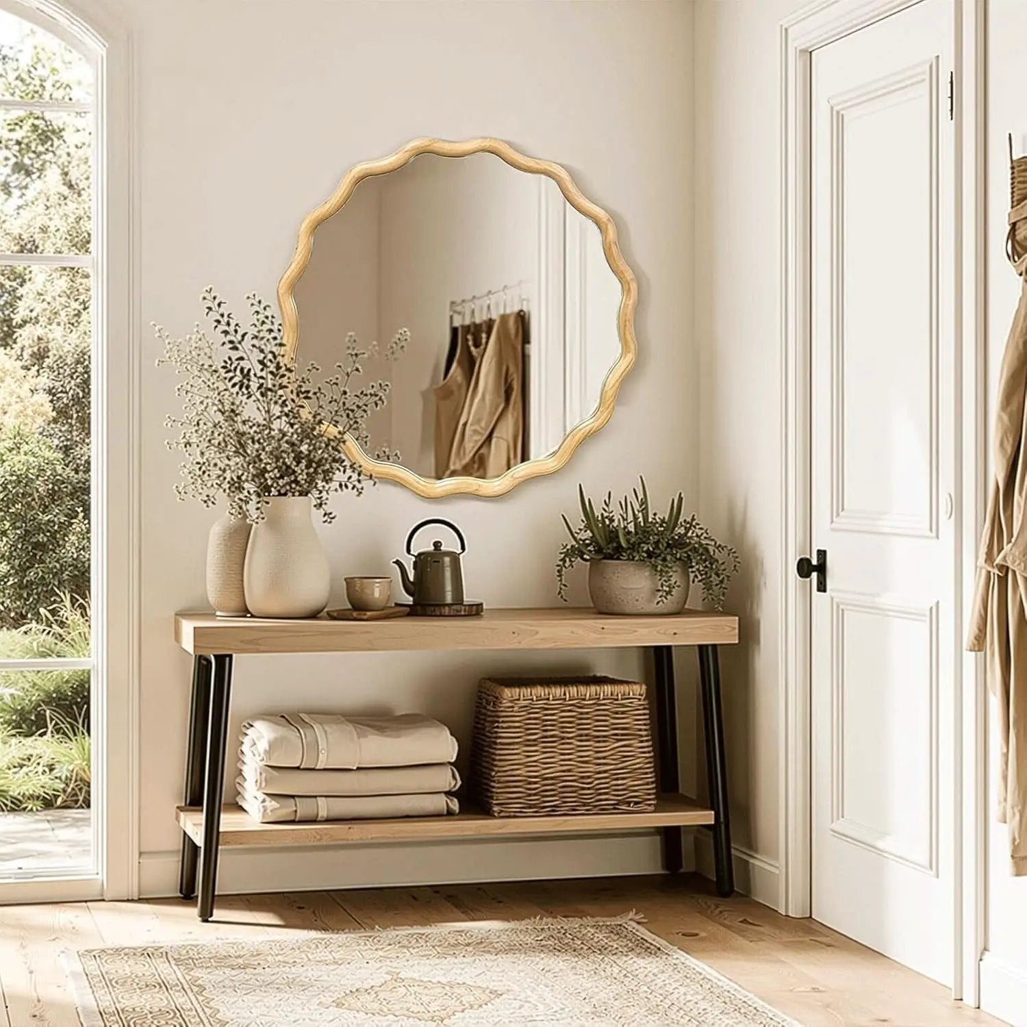 Round Wood Wall Mirror 24 Inch Shatterproof Glass Mounted from PriceLows™