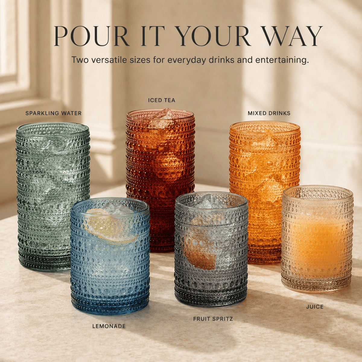 Tonal Hobnail Highball & Lowball Glassware | 14 oz | Set of 12 | Entertaining