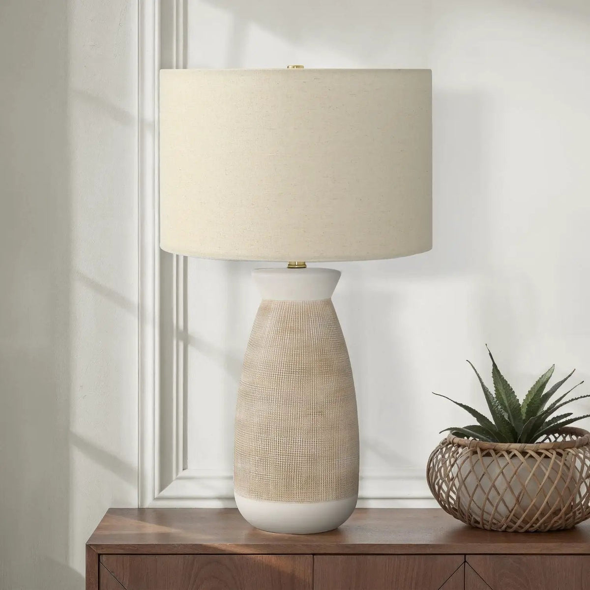 Cream Ceramic Table Lamp | Textured Base | 26.5 Inch Height | Beige Linen Drum Shade