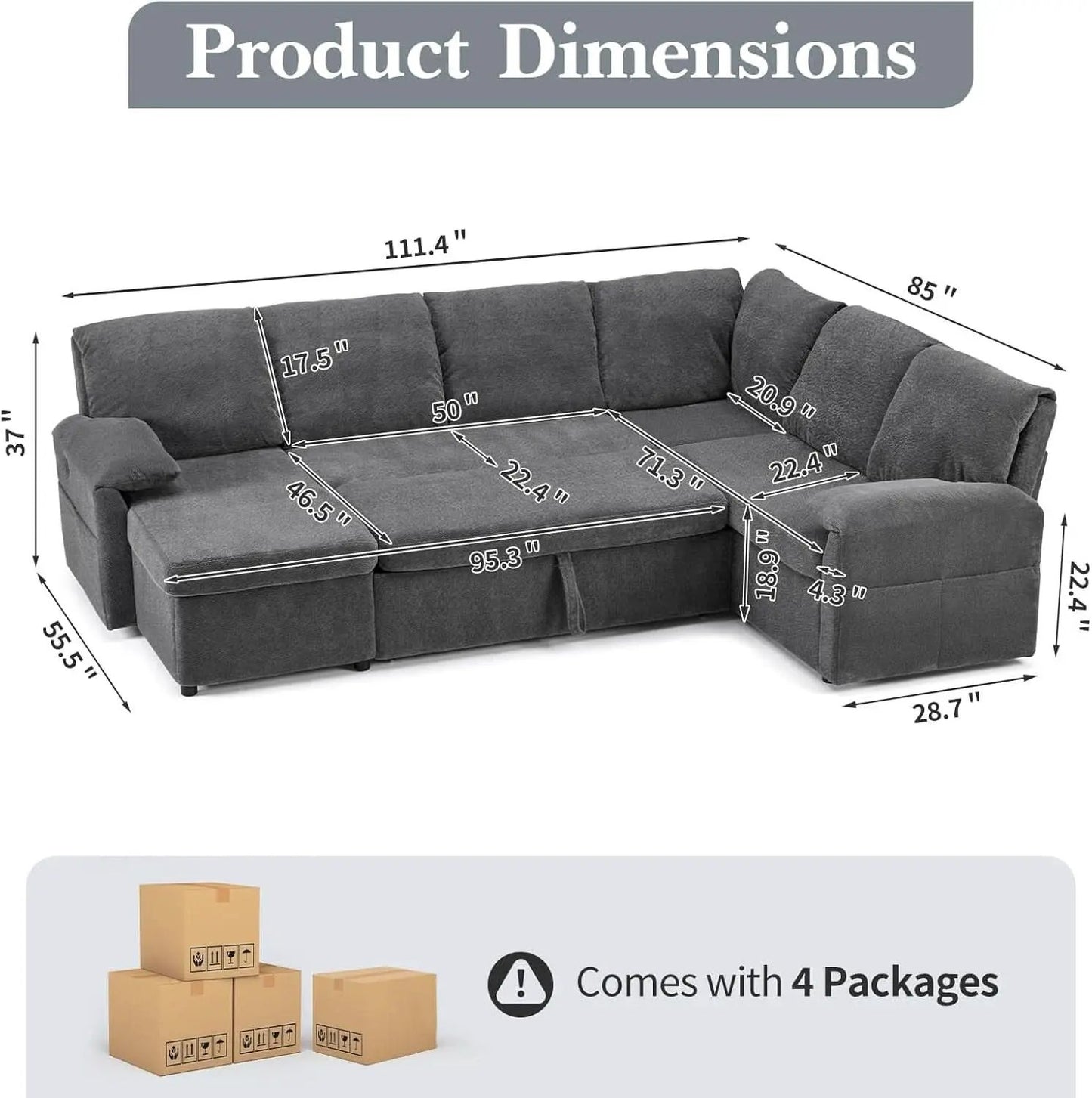 Convertible Sofa Bed With CloudLike Storage Chaise from PriceLows™