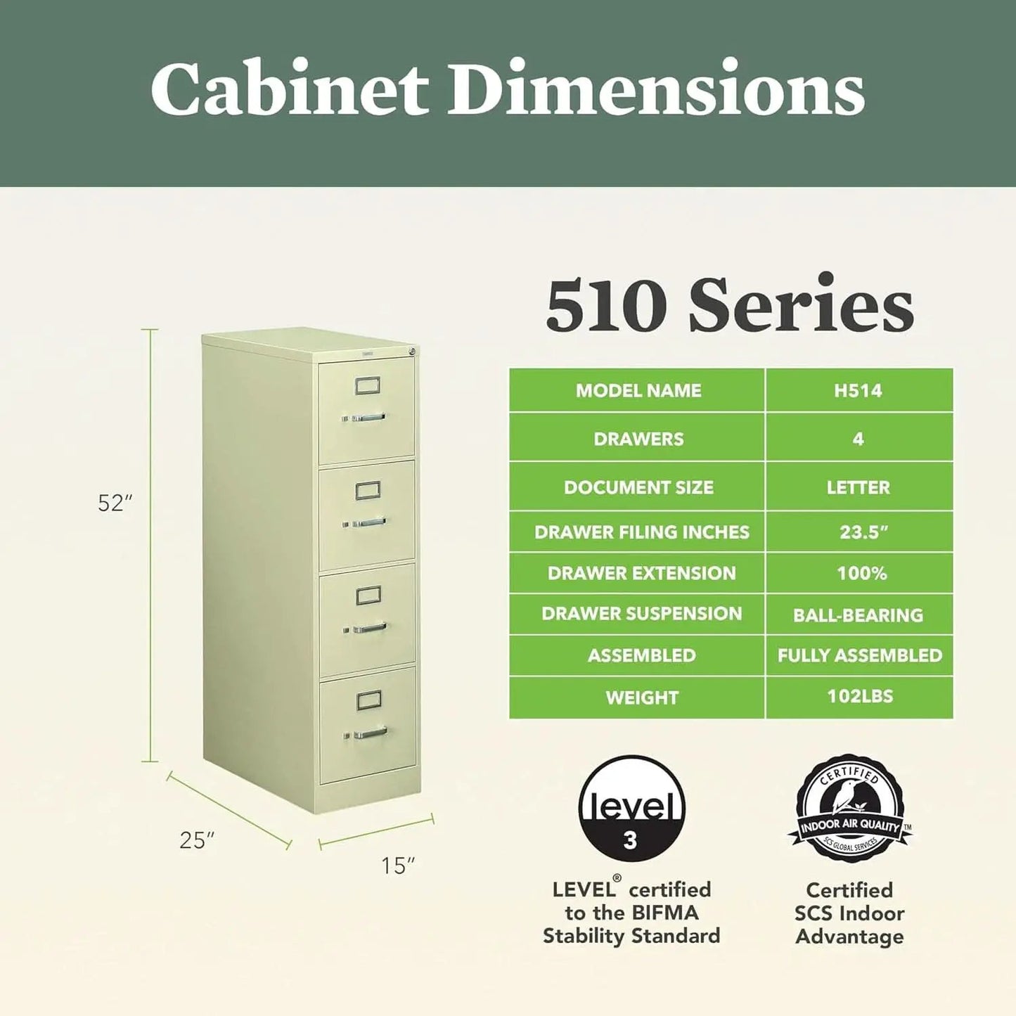 4-Drawer Vertical Locking Metal File Cabinet 25 Deep Putty