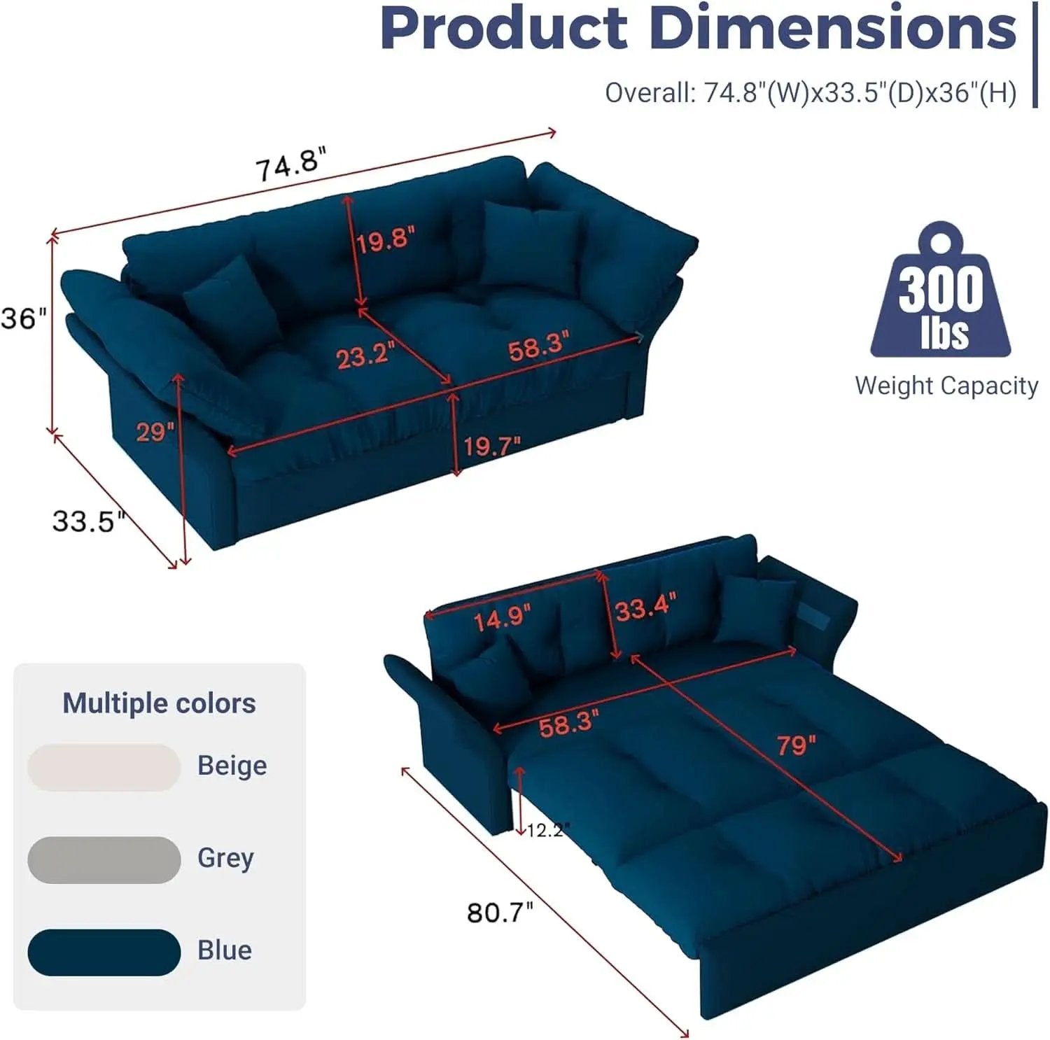 Blue Queen Size Three In One Convertible Sleeper Sofa from PriceLows™