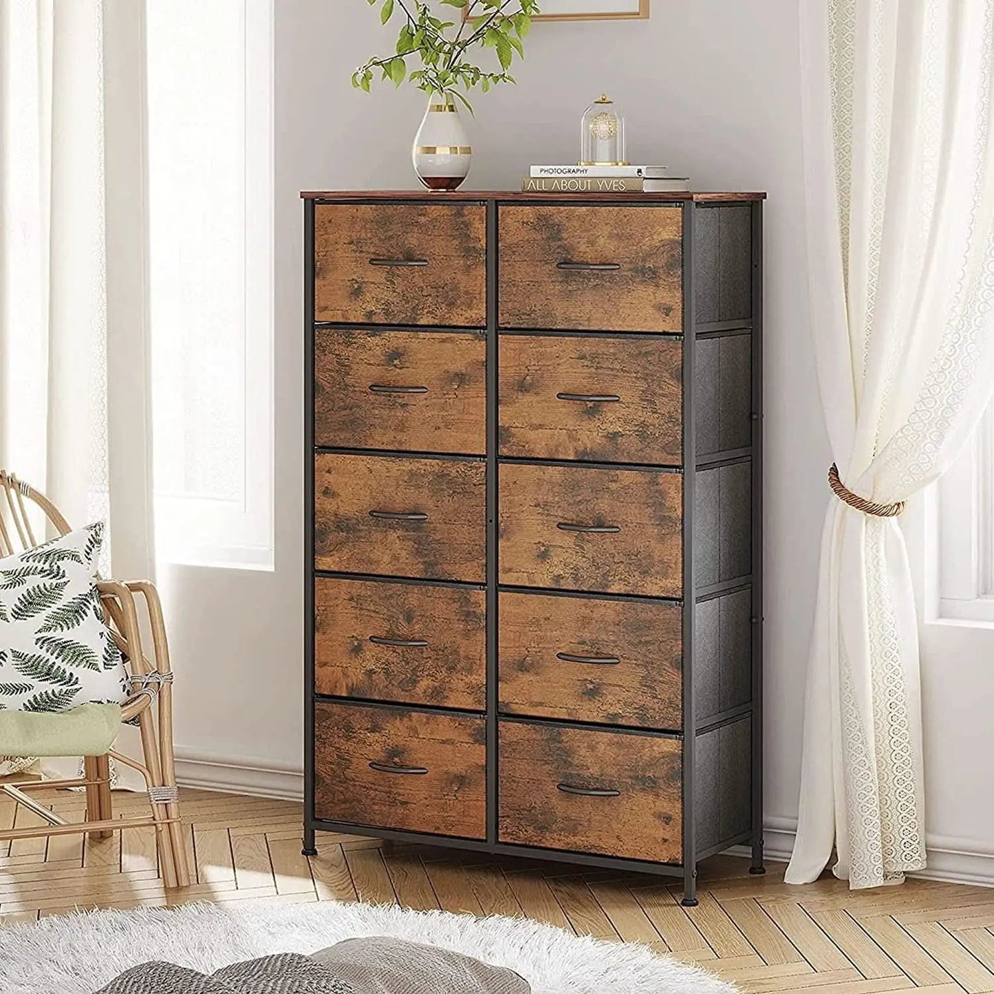 Tall Rustic Brown Dresser With 10 Deep Drawers For Bedroom from PriceLows™