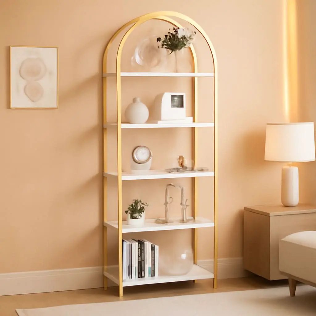 5 Tier Bookshelf Arched Display White Gold Metal Frame Bookcase from PriceLows™