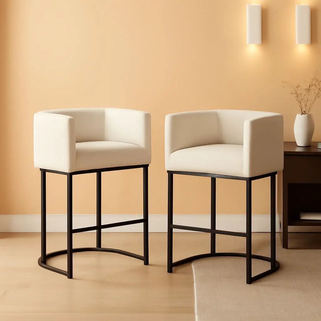 27 Inch Counter Height Bar Stools Set Of 2 With Backrest And Armrests Beige Linen Upholstery Black Metal Frames from PriceLows™