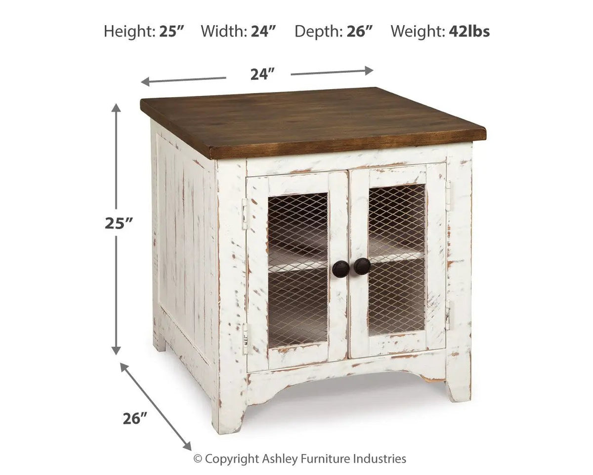 Wystfield Rectangular End Table | White And Brown | Two Doors | Adjustable Shelf