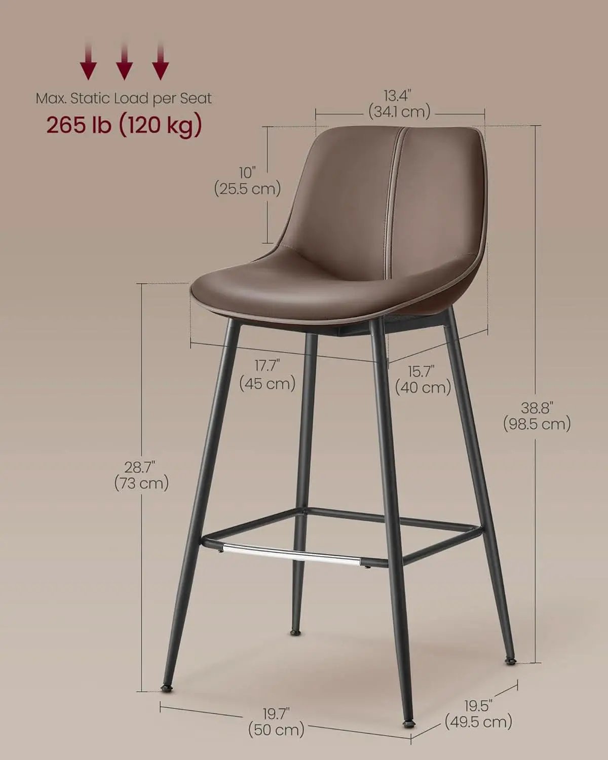 Bar Stools Set Of 2, 28.7 Inch Bar Height With Back, Coffee Brown from PriceLows™