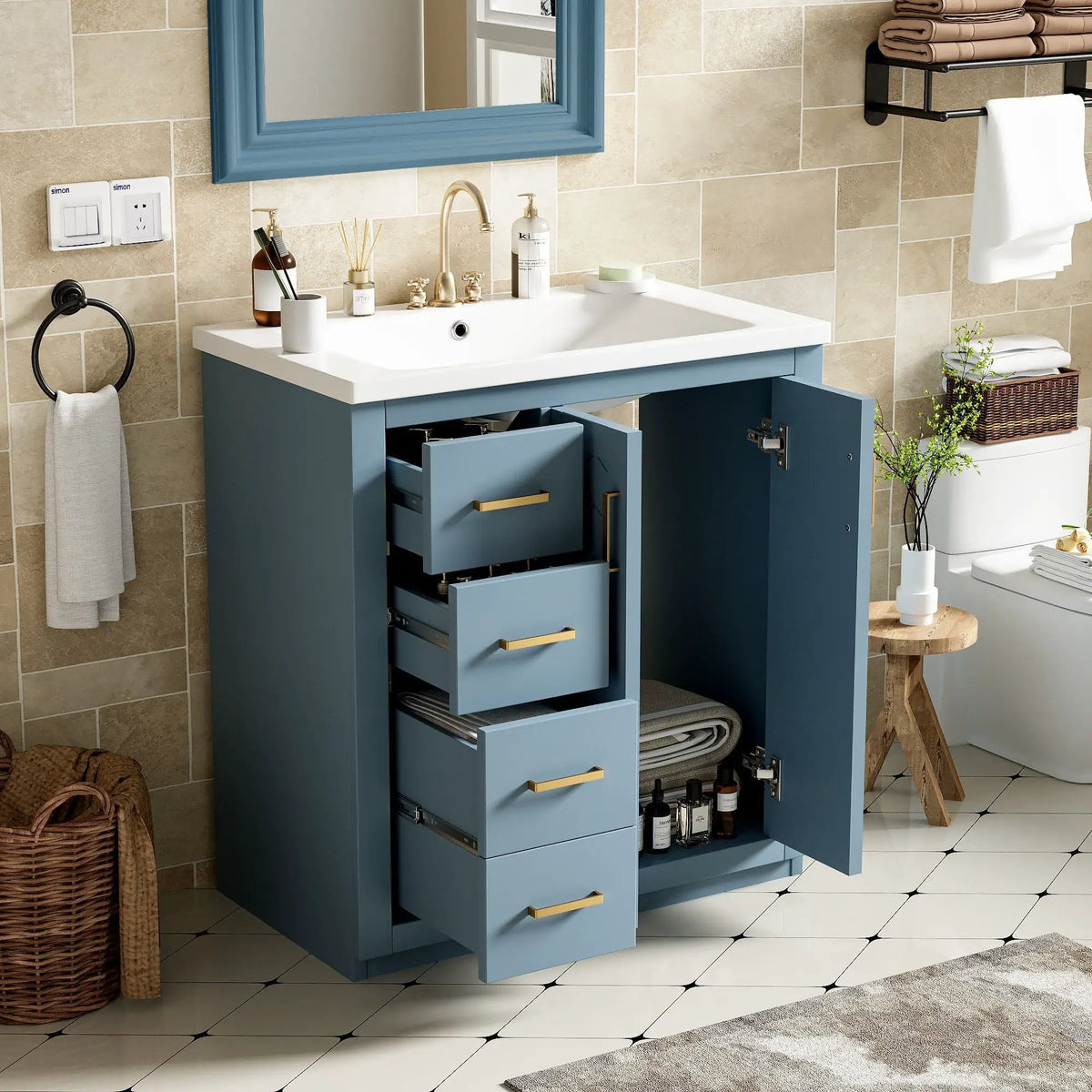 30 Inch Bathroom Vanity | 3 Drawers Soft Close | Solid Wood Ceramic Combo