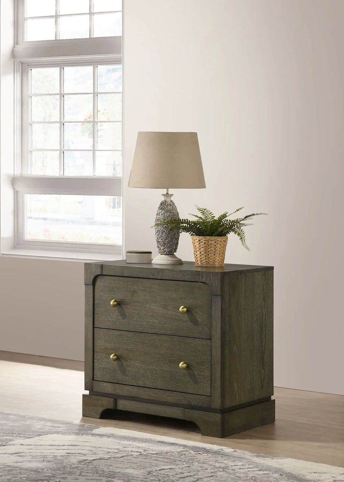 Gran Park 2-drawer Nightstand Bedside Table Dark Cocoa | 27 x 16 x 25.5 in | Veneer & Brass | Bedroom
