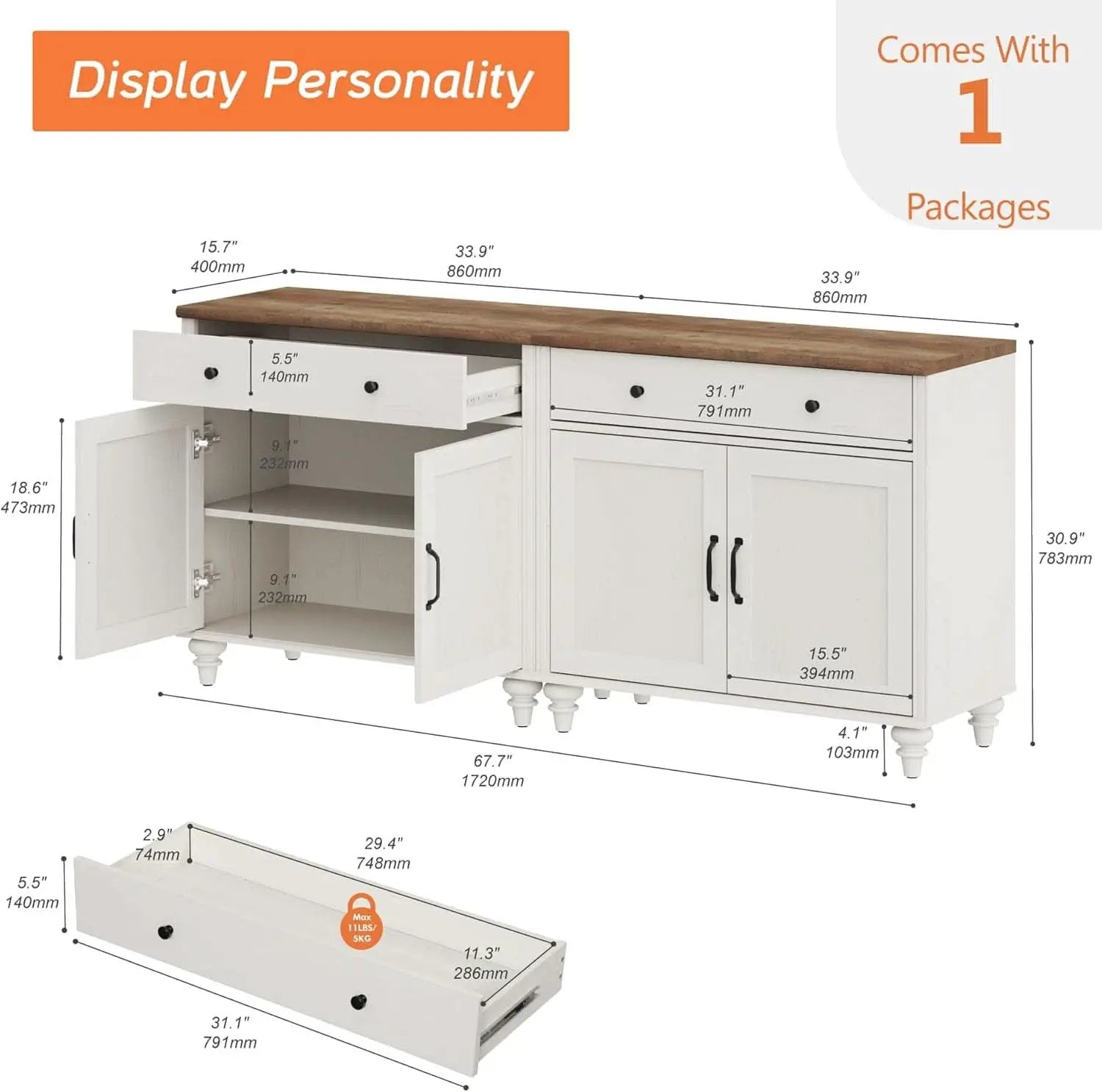 68 Inch Buffet Cabinet With Storage Modern Farmhouse from PriceLows™